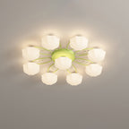 Contemporary Scandinavian Branch Round Pumpkin Glass Iron 4/7/9/11 Light Semi-Flush Mount Ceiling Light For Bedroom