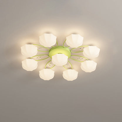 Contemporary Scandinavian Branch Round Pumpkin Glass Iron 4/7/9/11 Light Semi-Flush Mount Ceiling Light For Bedroom