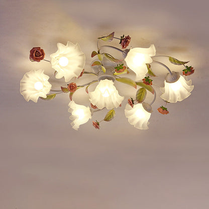 Modern Art Deco Rose Flower Leaf Glass Iron 4/6/7/9/11 Light Semi-Flush Mount Ceiling Light For Bedroom