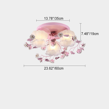 Traditional French Floral Rose Grass Glass Iron 3/5 Light Semi-Flush Mount Ceiling Light For Living Room