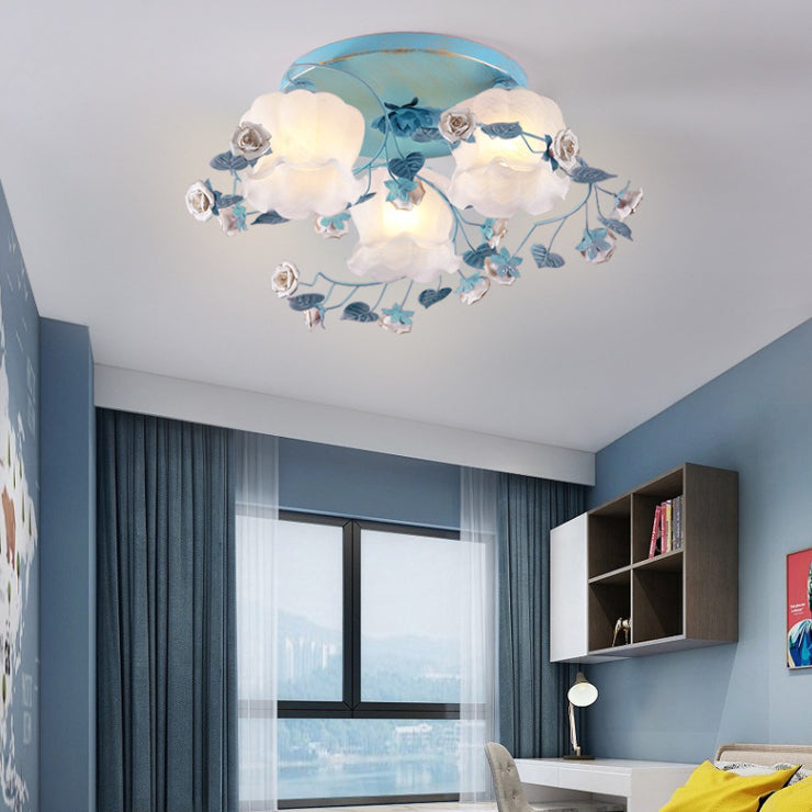 Traditional French Floral Rose Grass Glass Iron 3/5 Light Semi-Flush Mount Ceiling Light For Living Room