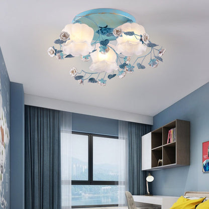 Traditional French Floral Rose Grass Glass Iron 3/5 Light Semi-Flush Mount Ceiling Light For Living Room