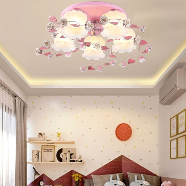 Traditional French Floral Rose Grass Glass Iron 3/5 Light Semi-Flush Mount Ceiling Light For Living Room