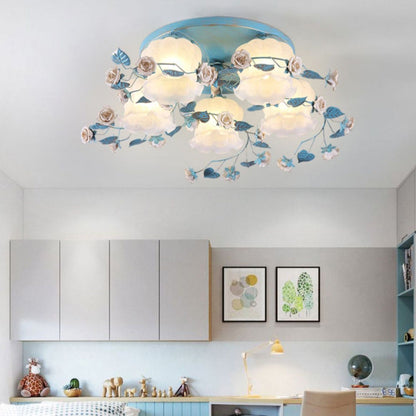 Traditional French Floral Rose Grass Glass Iron 3/5 Light Semi-Flush Mount Ceiling Light For Living Room