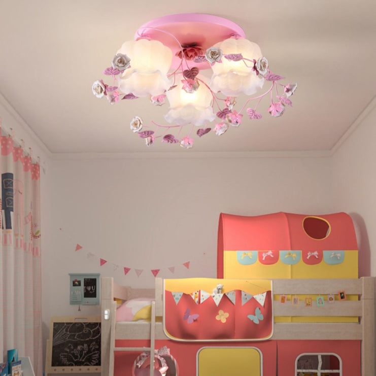 Traditional French Floral Rose Grass Glass Iron 3/5 Light Semi-Flush Mount Ceiling Light For Living Room