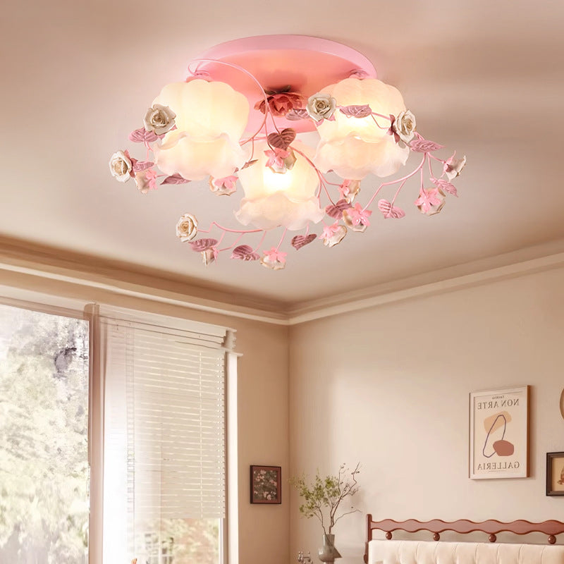 Traditional French Floral Rose Grass Glass Iron 3/5 Light Semi-Flush Mount Ceiling Light For Living Room