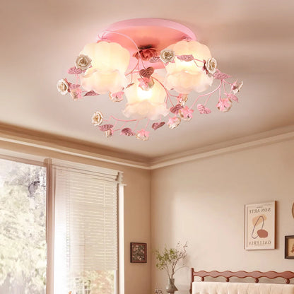 Traditional French Floral Rose Grass Glass Iron 3/5 Light Semi-Flush Mount Ceiling Light For Living Room