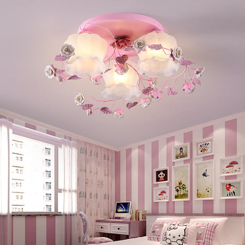 Traditional French Floral Rose Grass Glass Iron 3/5 Light Semi-Flush Mount Ceiling Light For Living Room