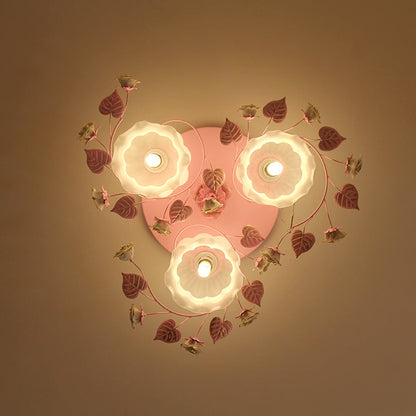 Traditional French Floral Rose Grass Glass Iron 3/5 Light Semi-Flush Mount Ceiling Light For Living Room