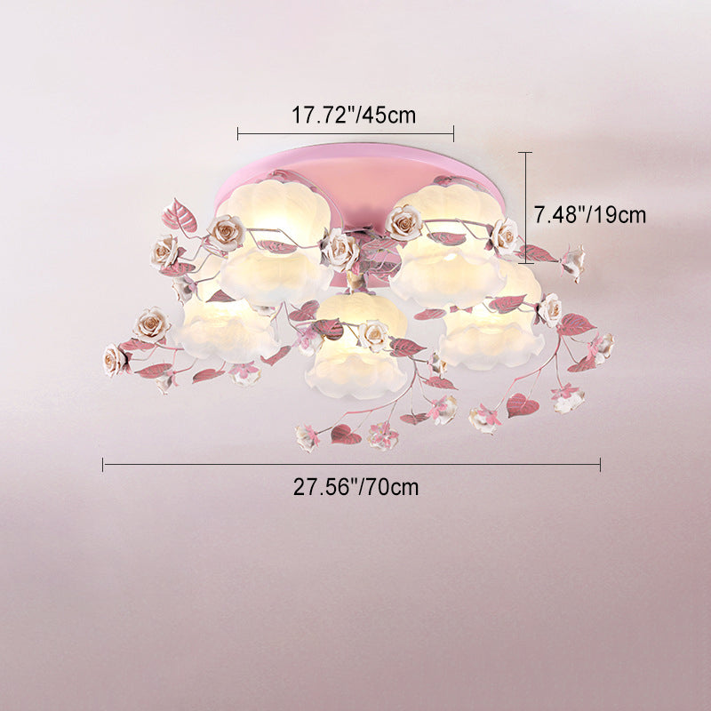 Traditional French Floral Rose Grass Glass Iron 3/5 Light Semi-Flush Mount Ceiling Light For Living Room