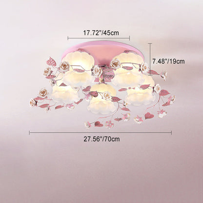 Traditional French Floral Rose Grass Glass Iron 3/5 Light Semi-Flush Mount Ceiling Light For Living Room