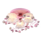 Traditional French Floral Rose Grass Glass Iron 3/5 Light Semi-Flush Mount Ceiling Light For Living Room
