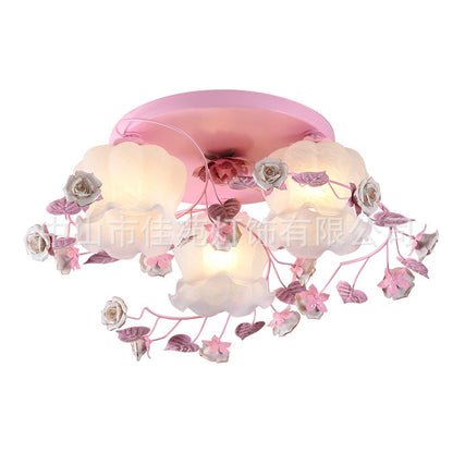 Traditional French Floral Rose Grass Glass Iron 3/5 Light Semi-Flush Mount Ceiling Light For Living Room