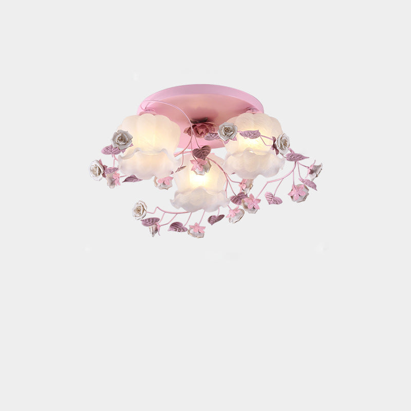 Traditional French Floral Rose Grass Glass Iron 3/5 Light Semi-Flush Mount Ceiling Light For Living Room