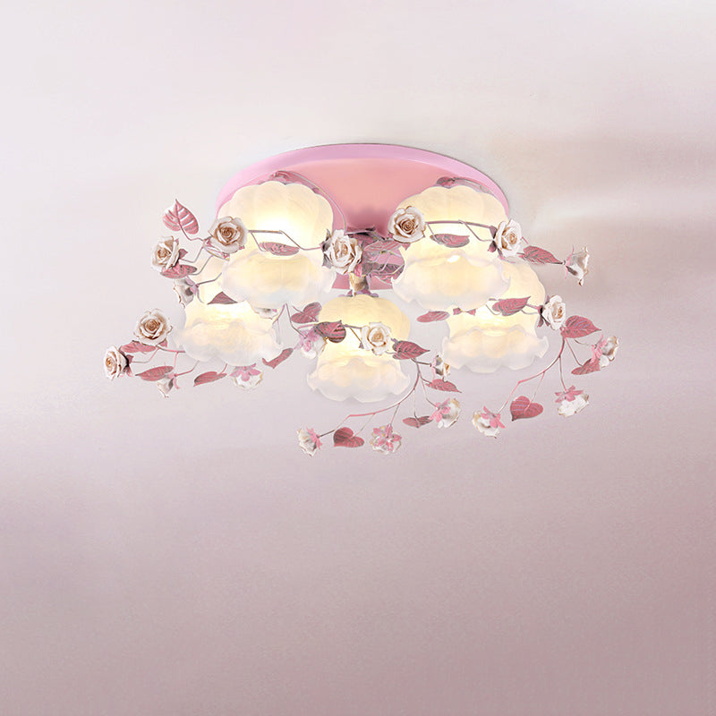 Traditional French Floral Rose Grass Glass Iron 3/5 Light Semi-Flush Mount Ceiling Light For Living Room