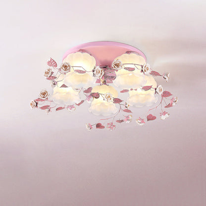 Traditional French Floral Rose Grass Glass Iron 3/5 Light Semi-Flush Mount Ceiling Light For Living Room
