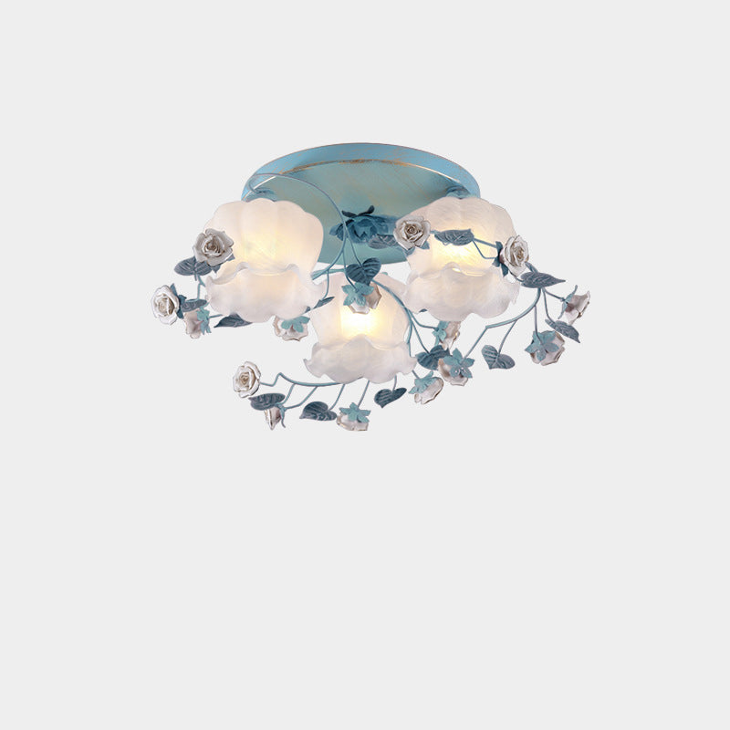 Traditional French Floral Rose Grass Glass Iron 3/5 Light Semi-Flush Mount Ceiling Light For Living Room