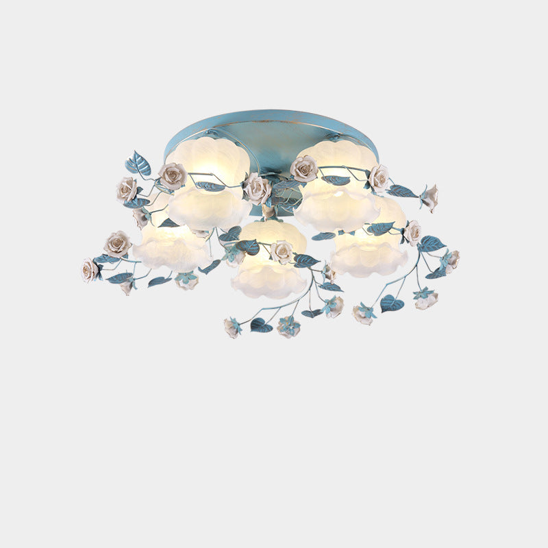 Traditional French Floral Rose Grass Glass Iron 3/5 Light Semi-Flush Mount Ceiling Light For Living Room
