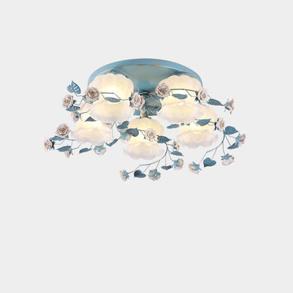 Traditional French Floral Rose Grass Glass Iron 3/5 Light Semi-Flush Mount Ceiling Light For Living Room