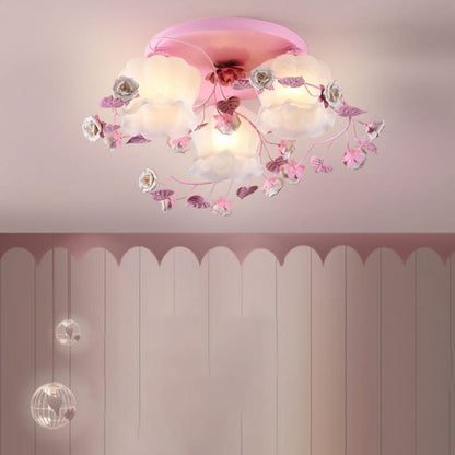 Traditional French Floral Rose Grass Glass Iron 3/5 Light Semi-Flush Mount Ceiling Light For Living Room