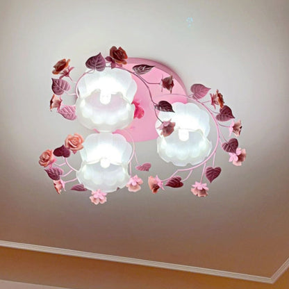 Traditional French Floral Rose Grass Glass Iron 3/5 Light Semi-Flush Mount Ceiling Light For Living Room