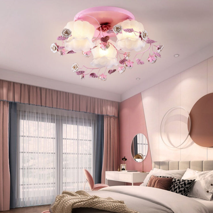 Traditional French Floral Rose Grass Glass Iron 3/5 Light Semi-Flush Mount Ceiling Light For Living Room