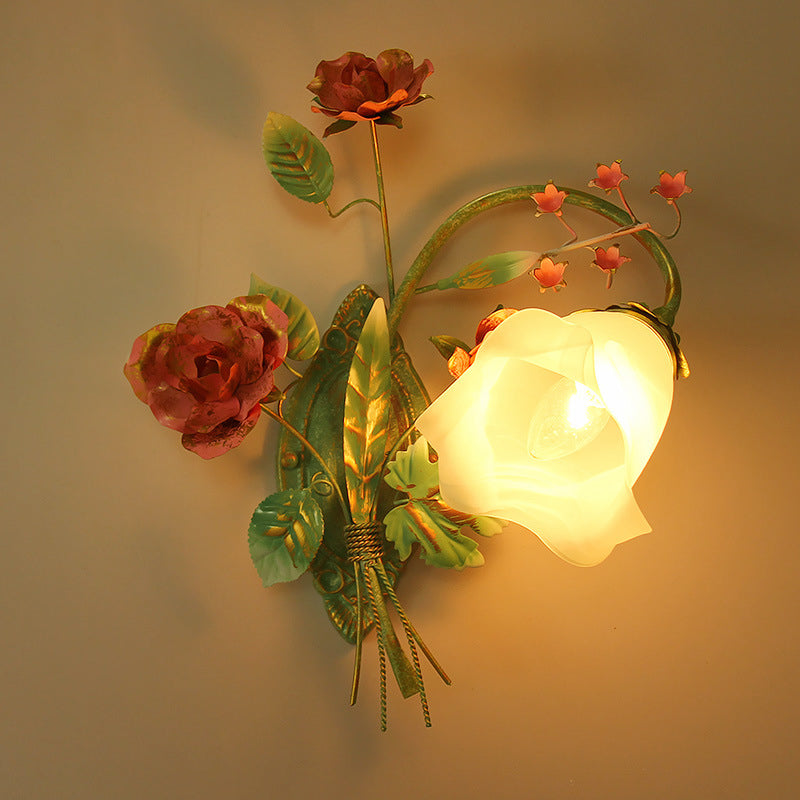 Traditional Rustic Rose Floral Glass Iron 1-Light Wall Sconce Lamp For Living Room