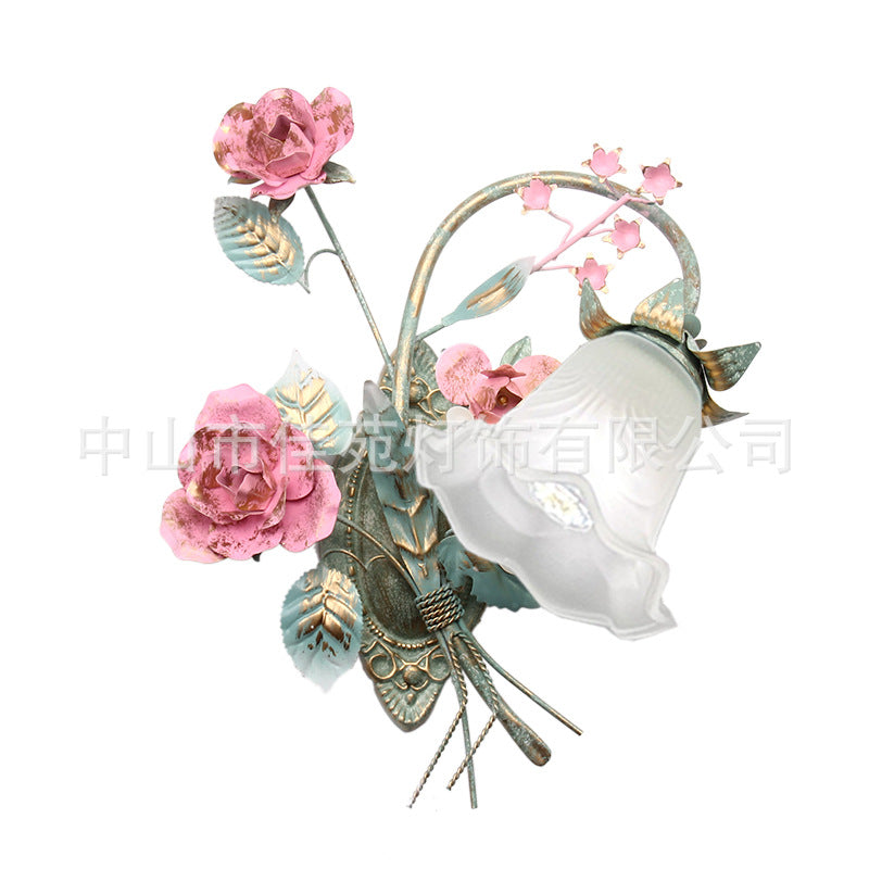 Traditional Rustic Rose Floral Glass Iron 1-Light Wall Sconce Lamp For Living Room