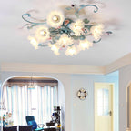 Traditional Rustic Floral Rose Leaf Glass Iron 4/5/6/9 Light Semi-flush Mount Ceiling Light for Living Room