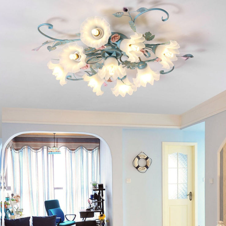 Traditional Rustic Floral Rose Leaf Glass Iron 4/5/6/9 Light Semi-flush Mount Ceiling Light for Living Room