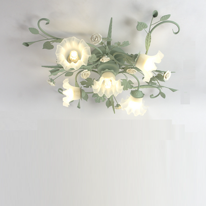 Traditional Rustic Floral Rose Leaf Glass Iron 4/5/6/9 Light Semi-flush Mount Ceiling Light for Living Room