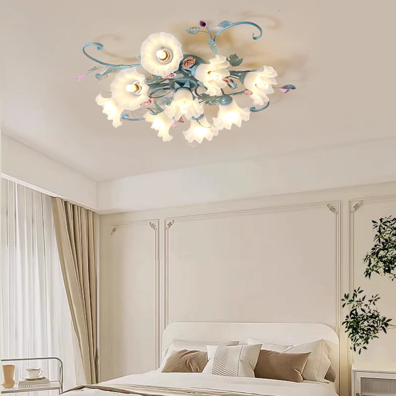 Traditional Rustic Floral Rose Leaf Glass Iron 4/5/6/9 Light Semi-flush Mount Ceiling Light for Living Room