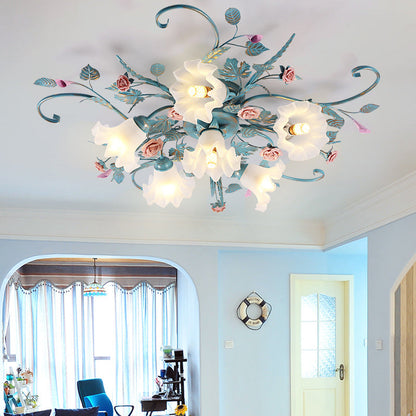 Traditional Rustic Floral Rose Leaf Glass Iron 4/5/6/9 Light Semi-flush Mount Ceiling Light for Living Room