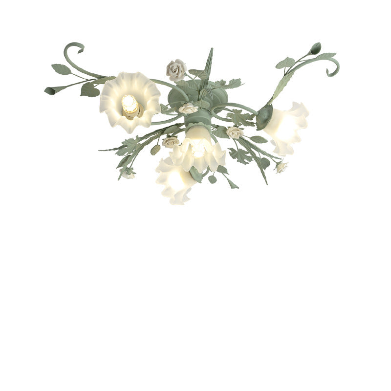 Traditional Rustic Floral Rose Leaf Glass Iron 4/5/6/9 Light Semi-flush Mount Ceiling Light for Living Room