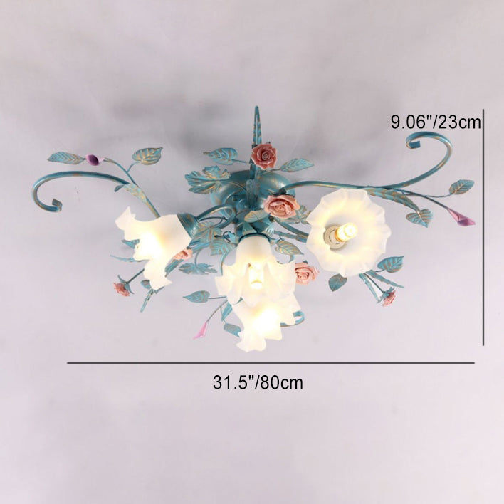 Traditional Rustic Floral Rose Leaf Glass Iron 4/5/6/9 Light Semi-flush Mount Ceiling Light for Living Room