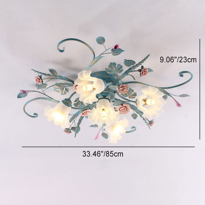 Traditional Rustic Floral Rose Leaf Glass Iron 4/5/6/9 Light Semi-flush Mount Ceiling Light for Living Room
