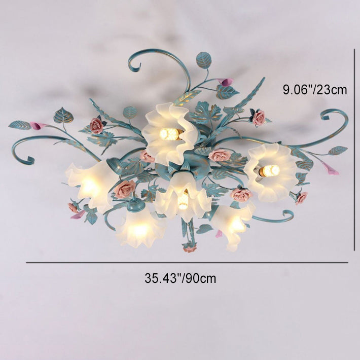 Traditional Rustic Floral Rose Leaf Glass Iron 4/5/6/9 Light Semi-flush Mount Ceiling Light for Living Room