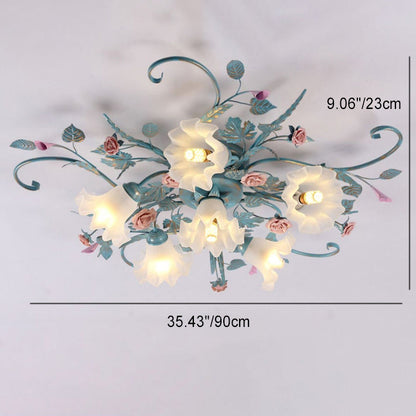 Traditional Rustic Floral Rose Leaf Glass Iron 4/5/6/9 Light Semi-flush Mount Ceiling Light for Living Room