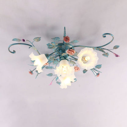 Traditional Rustic Floral Rose Leaf Glass Iron 4/5/6/9 Light Semi-flush Mount Ceiling Light for Living Room