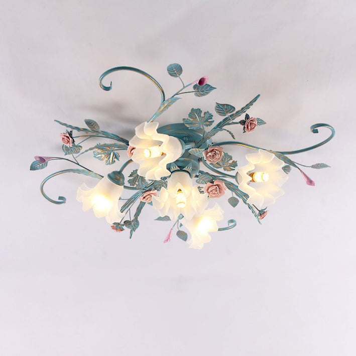 Traditional Rustic Floral Rose Leaf Glass Iron 4/5/6/9 Light Semi-flush Mount Ceiling Light for Living Room