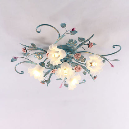 Traditional Rustic Floral Rose Leaf Glass Iron 4/5/6/9 Light Semi-flush Mount Ceiling Light for Living Room