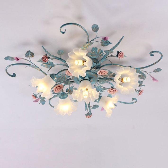 Traditional Rustic Floral Rose Leaf Glass Iron 4/5/6/9 Light Semi-flush Mount Ceiling Light for Living Room