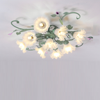 Traditional Rustic Floral Rose Leaf Glass Iron 4/5/6/9 Light Semi-flush Mount Ceiling Light for Living Room
