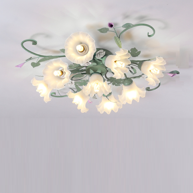 Traditional Rustic Floral Rose Leaf Glass Iron 4/5/6/9 Light Semi-flush Mount Ceiling Light for Living Room