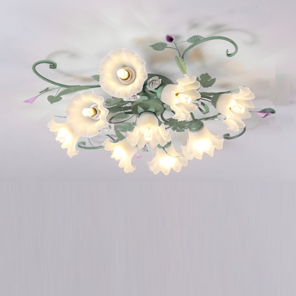 Traditional Rustic Floral Rose Leaf Glass Iron 4/5/6/9 Light Semi-flush Mount Ceiling Light for Living Room