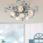 Traditional Rustic Floral Rose Leaf Glass Iron 4/5/6/9 Light Semi-flush Mount Ceiling Light for Living Room