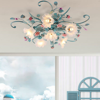 Traditional Rustic Floral Rose Leaf Glass Iron 4/5/6/9 Light Semi-flush Mount Ceiling Light for Living Room