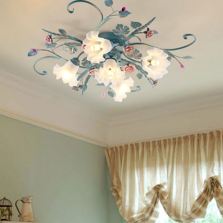 Traditional Rustic Floral Rose Leaf Glass Iron 4/5/6/9 Light Semi-flush Mount Ceiling Light for Living Room