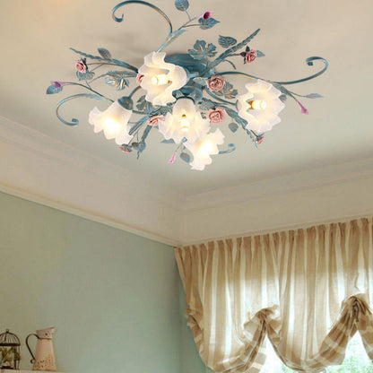 Traditional Rustic Floral Rose Leaf Glass Iron 4/5/6/9 Light Semi-flush Mount Ceiling Light for Living Room