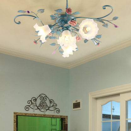Traditional Rustic Floral Rose Leaf Glass Iron 4/5/6/9 Light Semi-flush Mount Ceiling Light for Living Room